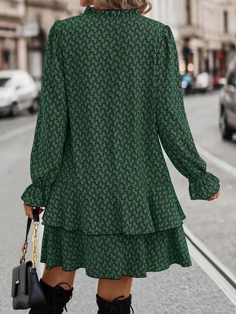 Elegancka Damska Sukienka z Nadrukiem i Dekoltem V, Szerokimi Rękawami i Falbankami