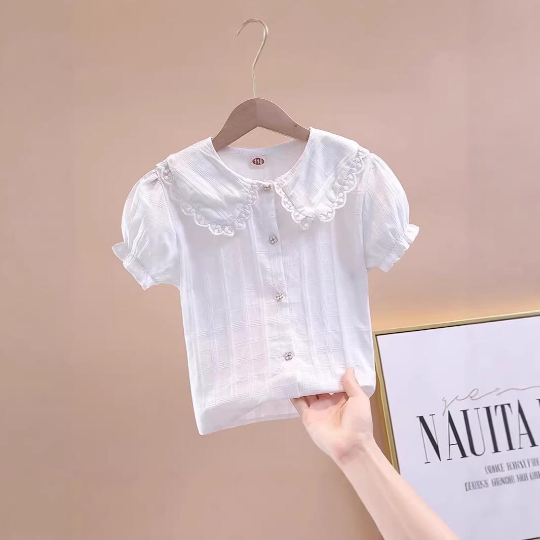 Girls  Puff Sleeve Doll Collar White Shirt - 2026 Summer Korean Style 80