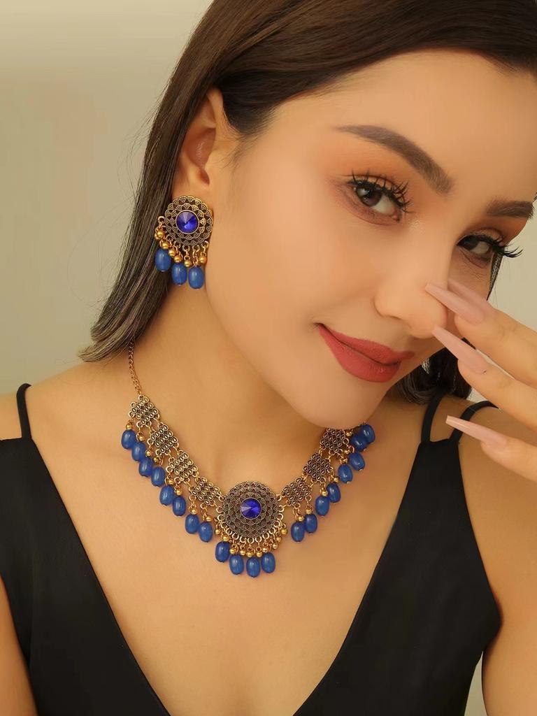 Vintage Indian Style Necklace Earrings Set Fringed Collarbone Chain Pendant Court Style