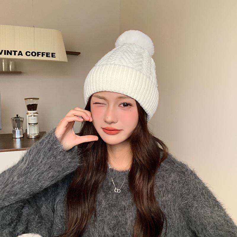 Plus Velvet Warm Ear Protection Windproof Woolen Hat Women's Autumn and Winter Solid Color Versatile Cold Hat Cold Proof Wool Ball Knitted Hat