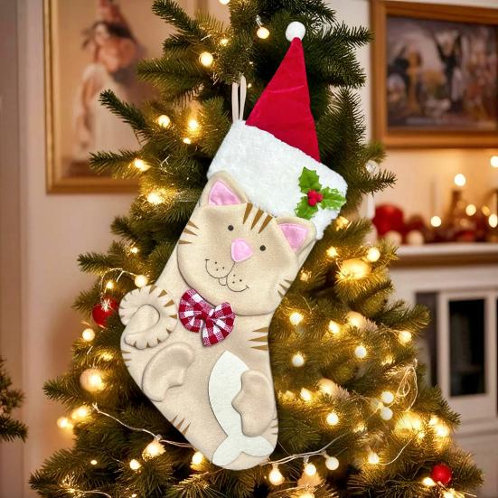 Christmas Stockings Plush Cat Dog Design Santa Claus Xmas Stockings Large Opening Candy Gift Holder Hanging Decor for Tree And Fireplace