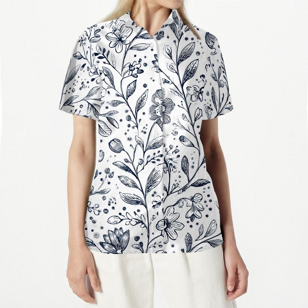 Women's Casual Short Sleeve Button Down Shirt Floral Print Open Front Collar Top Lightweight Summer Blouse Relaxed Fit