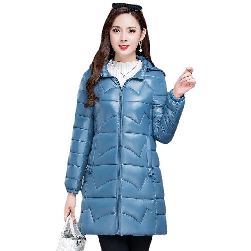Light and Thin Down Cotton Jacket  Women's Shiny New Korean Version Large Cotton Jacket  Medium Length Slim Fitting Hooded Casual Cotton Jacket