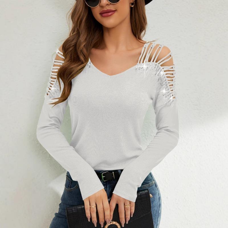 Women's New Fashion Lace Splicing Heavy Iron Drill V-neck Empty Long-sleeved T-shirt