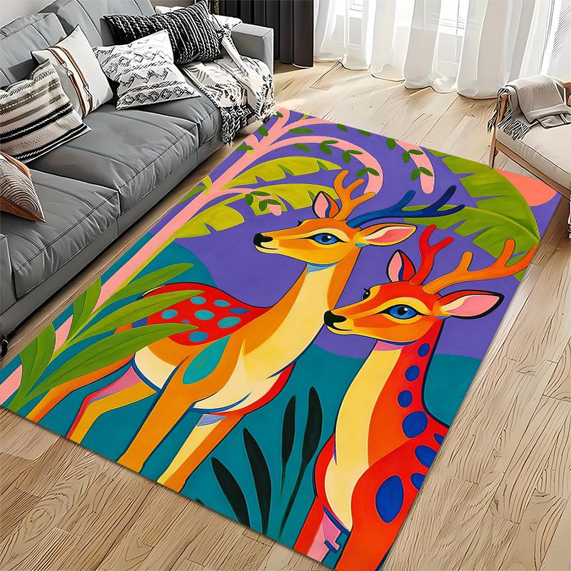 Colorful Deer Pattern Carpet with Tropical Leaves Design Suitable for use as an anti-slip for living room bedroom sofas