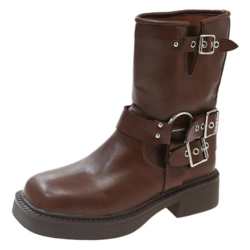 Fashion Punk Style Buckle Strap Mid-Calf Boots Women Black PU Leather Platform Western Boots Woman Big Size Square Toe Thick Heels Boots