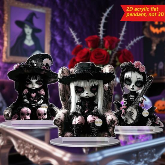 Halloween Ghost Witch Table Sign with Base 2D Flat Acrylic Spooky Female Ghost Decoration Holiday Party Home Office Desktop Ornament