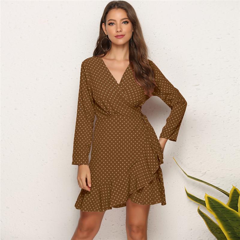 Elegant Polka Dot Ruffle Wrap Asymmetrical Women Summer Dress V-Neck Full Sleeve Sexy