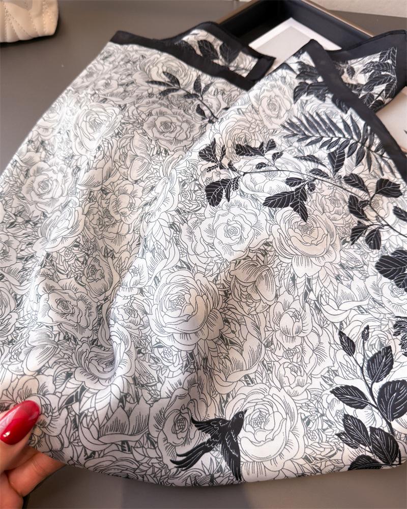 Luxury Botanical Printed Square Scarf Elegant Thin Smooth Neck Scarf Literary Decorative Silky Headband For Women