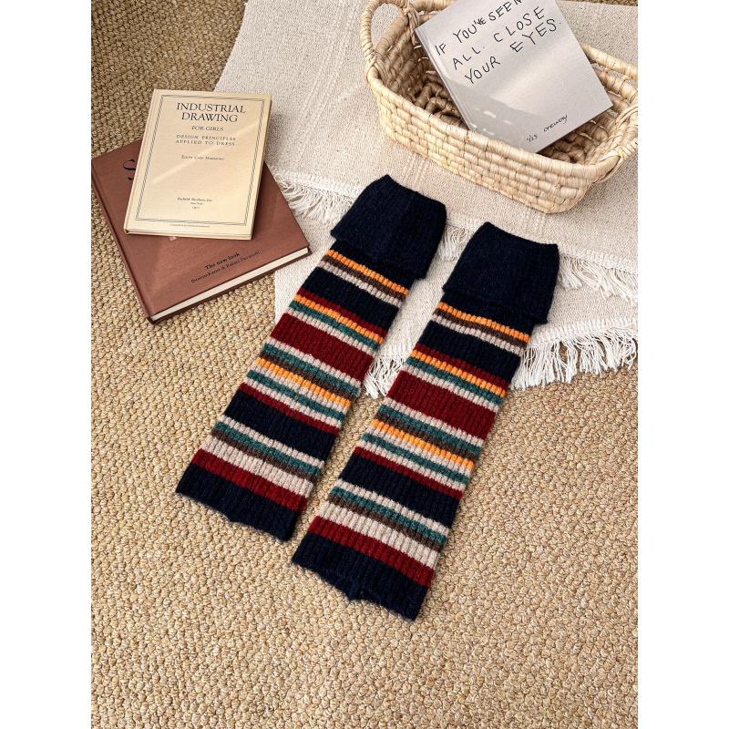 Wool Sock Sleeves - Women's Fall and Winter Warm Knitted Pile Socks with Retro Stripes - Long Tube Leg Coverings for Protecting The Legs