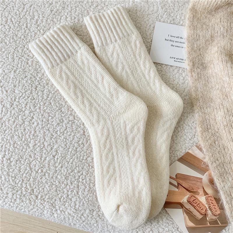 Women's Warm Fleece-Lined Mid-Calf Terry Socks for Autumn/Winter, Pure Color