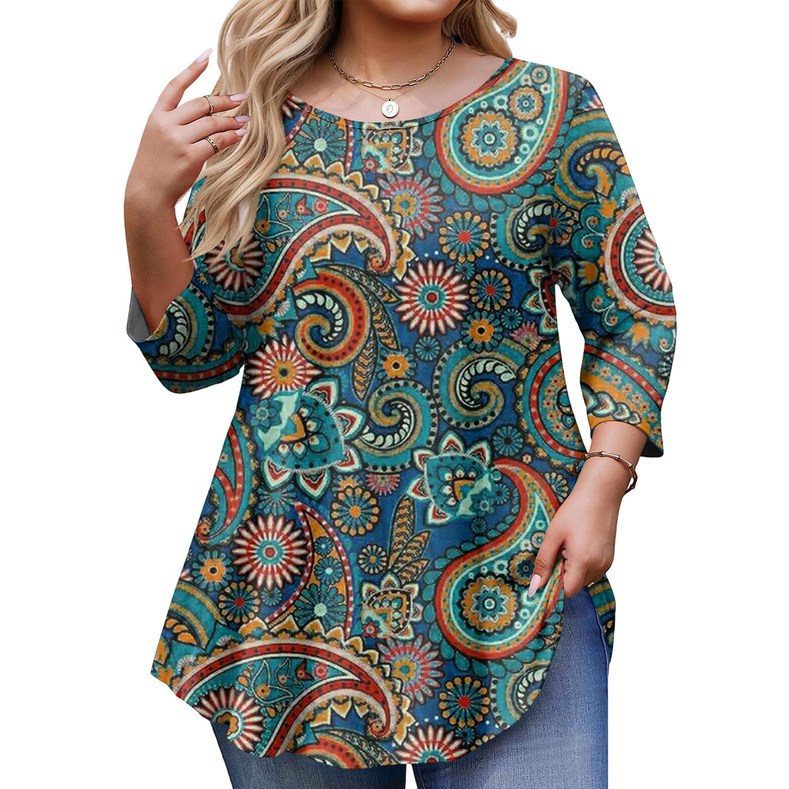 

Women s Plus Size 3/4 Sleeve Curved Hem Round Neck Fashionable Top XXXL