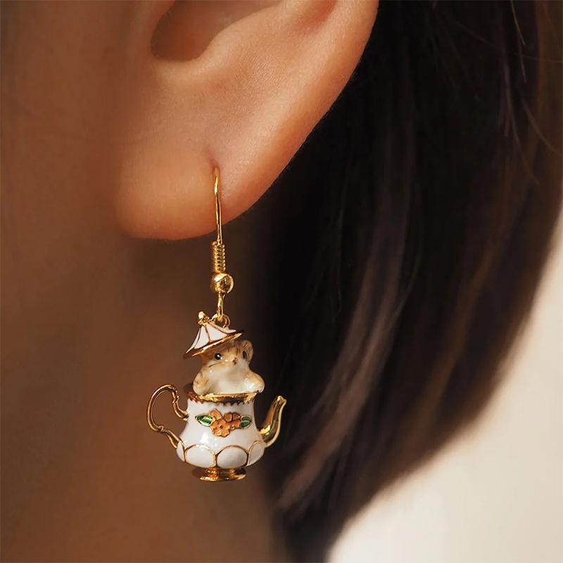 Funny Enamel Cartoon Chipmunk French Teapot Earrings For Women Accessories Style Jewelry Woman Charm