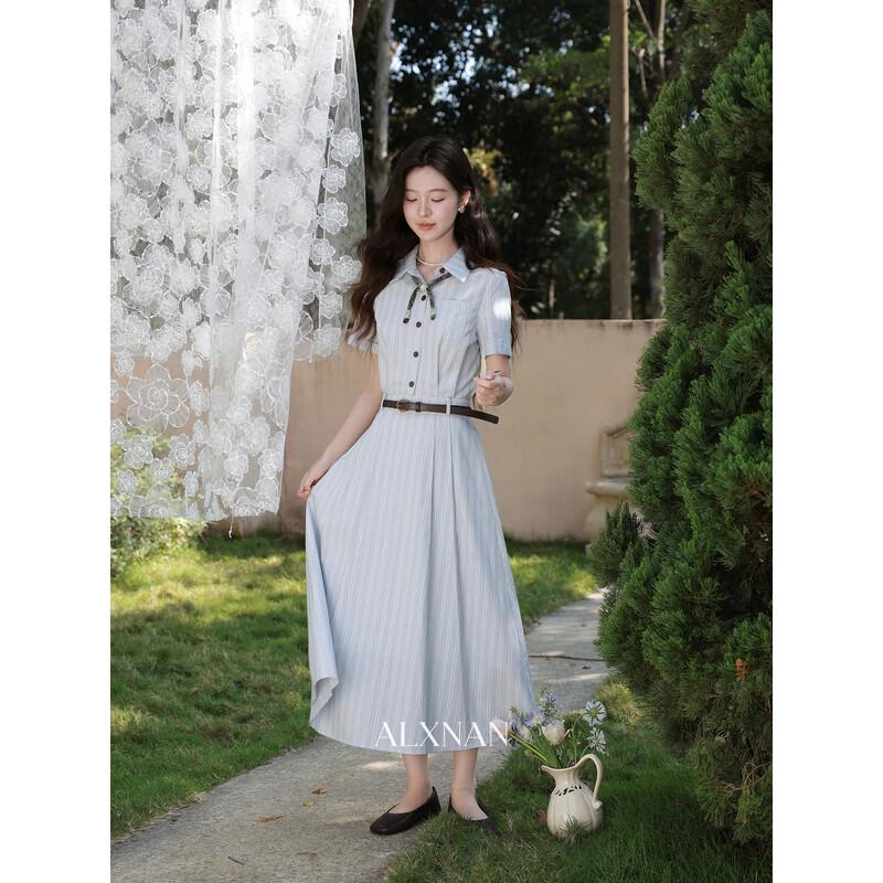 Luxiangnan Women's Blue Stripe Short-Sleeve Midi Dress