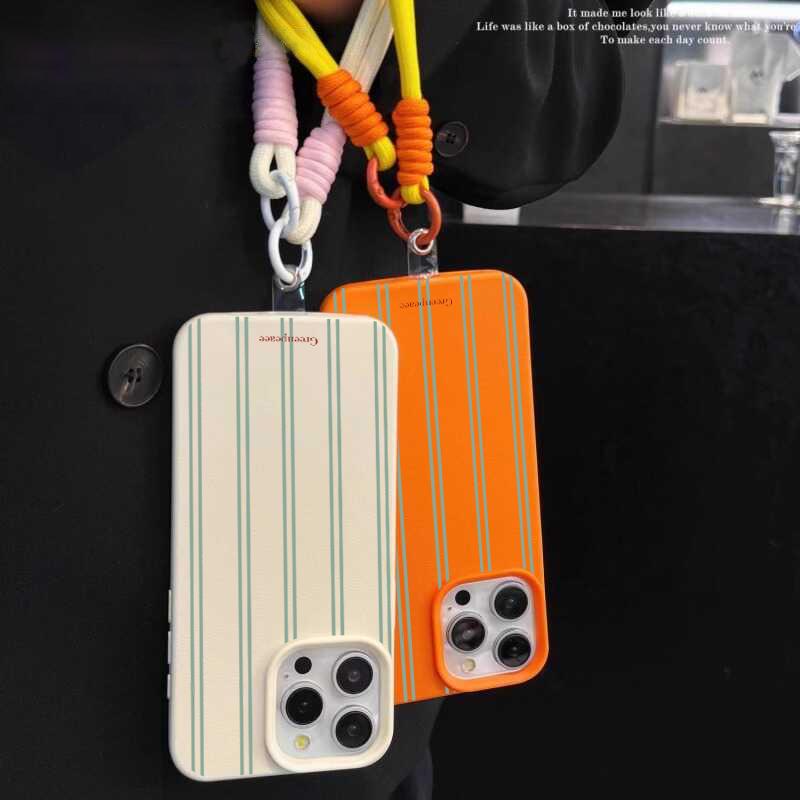 Fresh Green Stripe Couple Phone Chain Lanyard Case For iPhone 17 16 15 14 13 12 Pro Max 11 Plus Shockproof Silicone Luxury Cover