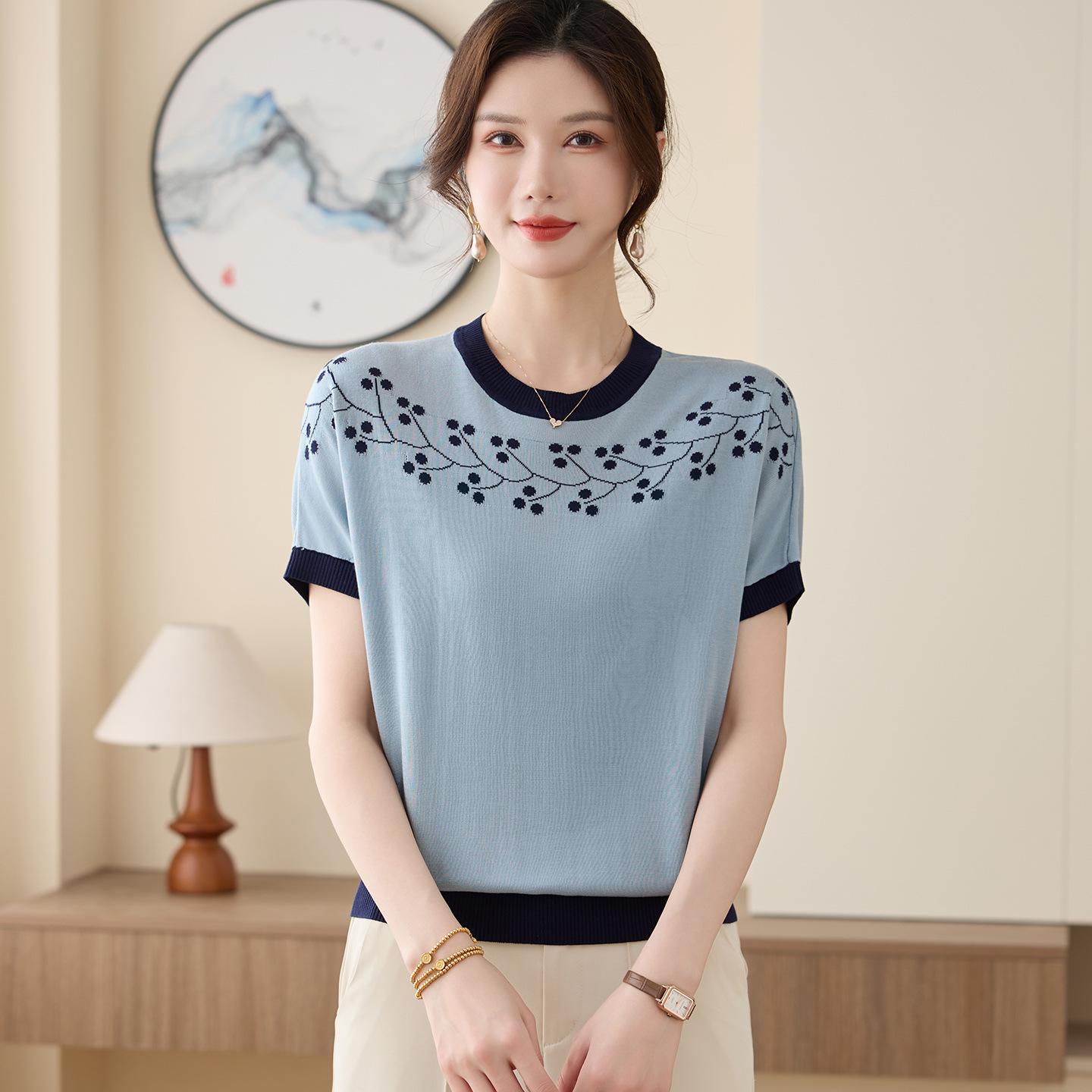

Elegant Summer Ice Silk Knit T-Shirt for Moms with Round Neck and Short Sleeves XL (Recommended 100-110 jin) синій