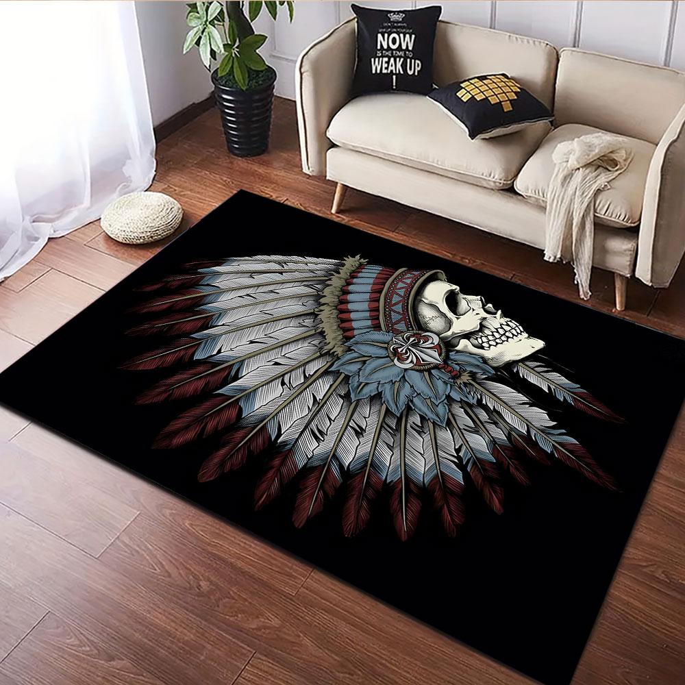 Skull with Feathered Headdress Patterned Carpet, Suitable As a Non Slip Play Mat for the Living Room and Bedroom Sofa