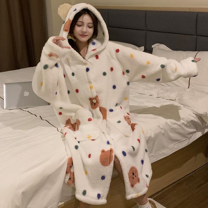 Wintertime Long Sleeve Hooded Thick Warm Flannel Kimono Robes for Women Sexy Bear Cute Bathrobes Sleepwear Nightdress Night Dre
