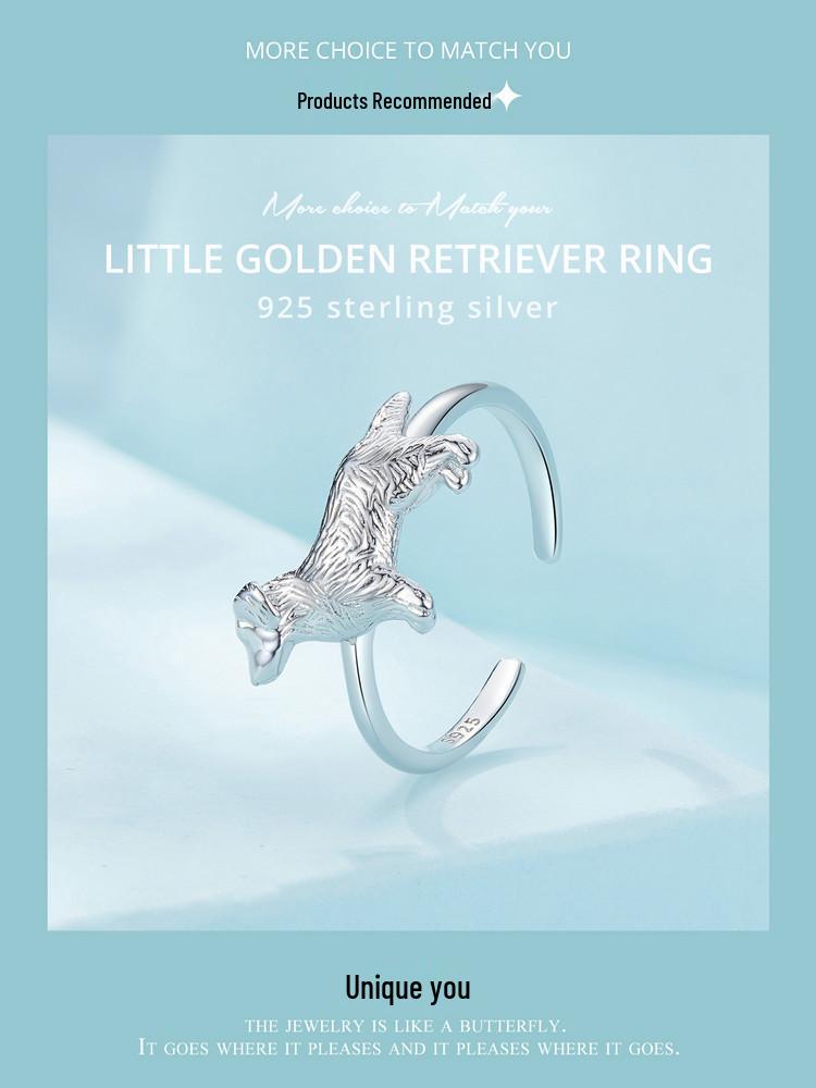 Yinziyun Cute Golden Retriever Puppy Open Ring - 925 Sterling Silver for Men & Women