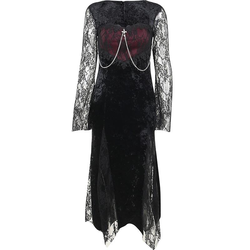 GMXIA Patchwork Dark Style Dress Sexy Slim-fit Wrap Hip Slit Lace Sleeves Feature Skirt