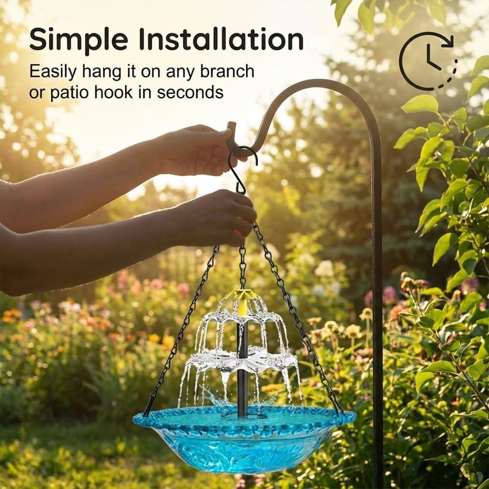 Solar Waterfall Hanging Bird Bath Fountain, Outdoor Bird Bath with Solar Pump and Glass Bowl