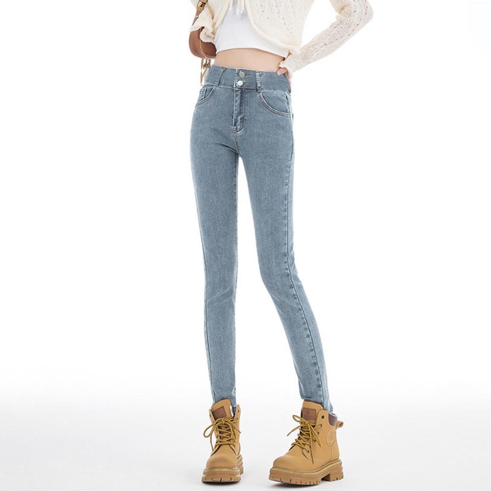 Korean version of autumn and winter 2025 new high-waisted double-button tight pencil pants women's thin and versatile denim pants