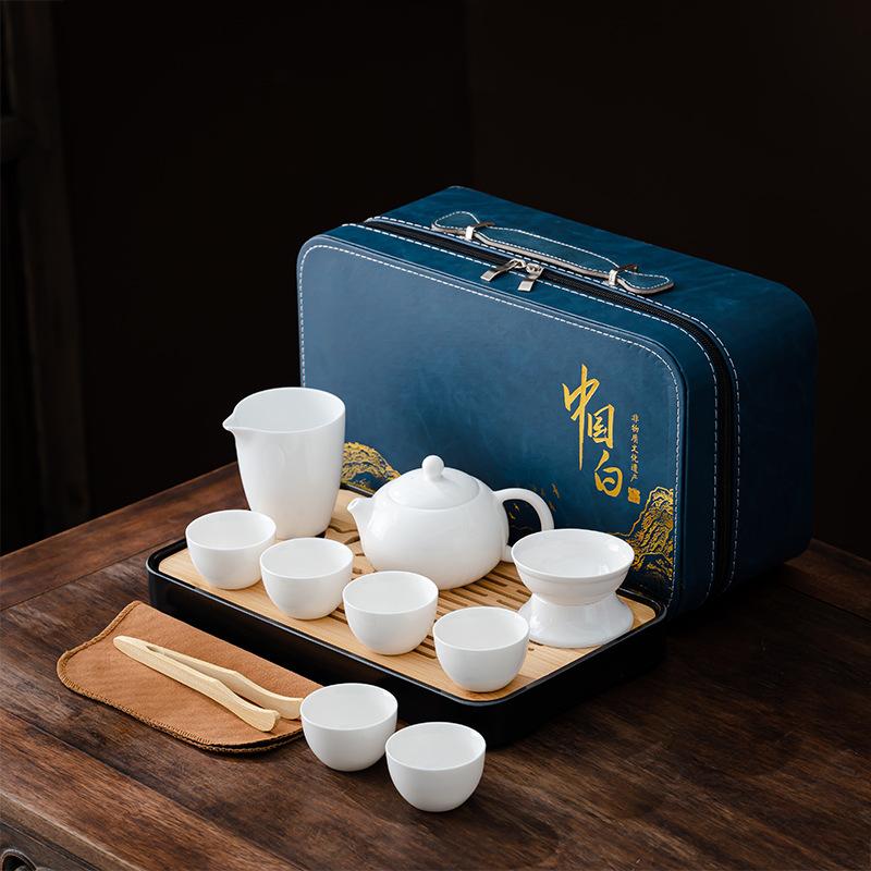 

Suet jade white porcelain tea set Guochao set Office storage Kung Fu tea set Business gift tea set