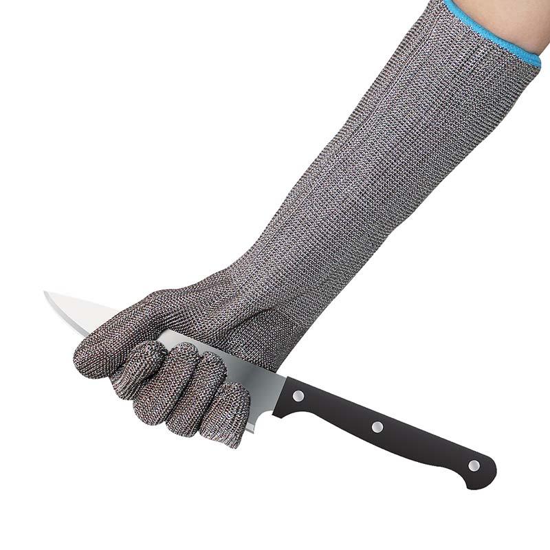 Heavy Duty 38cm Long Cuff Arm Protection Stainless Steel Wire Cut Resistant Gloves Extended Length EN388 Anti-Cut Gloves (Gray,S)