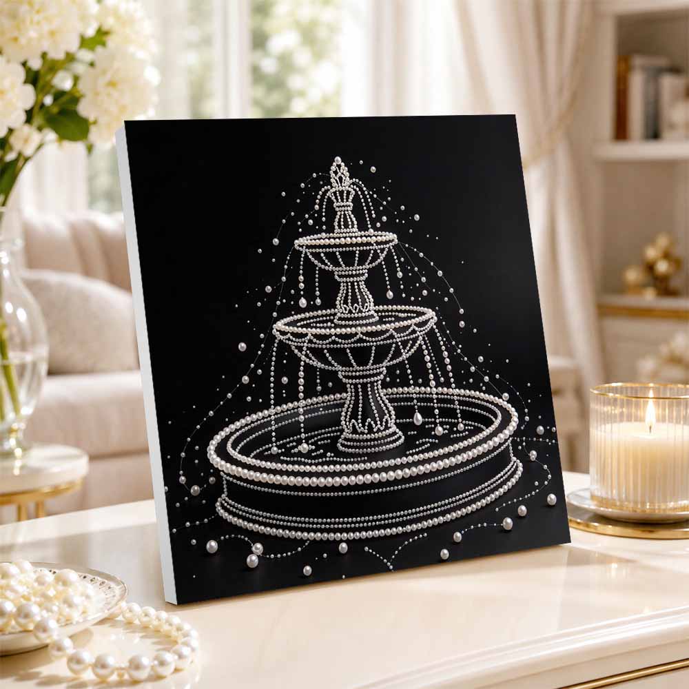 DIY Pearl Diamond Painting Set with Frame Fountain Design 3D Pearl Beads. Home Wall Decor