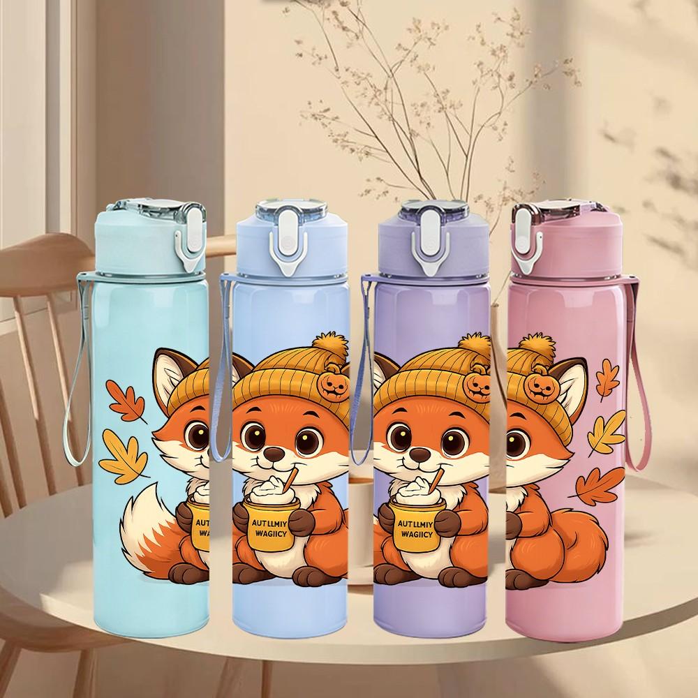 1PC Autumn Hat Fox Illustration 750ml Color Plastic Sports Water Bottle Leakproof Flip Straw Lid Suitable for Sports Office Home Use