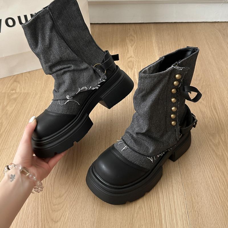Fashion Chunky Women Ankle Boots Designer Platform Heel Shoes Autumn Winter Denim Short Booties Zapatos De Mujer