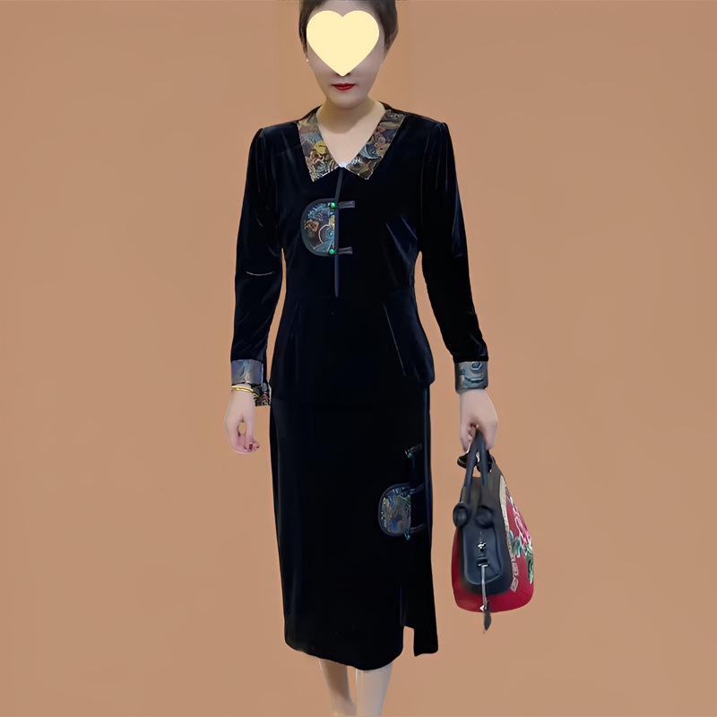 2025 Chinese Style Gold Velvet Spring Dress Two-Piece Set: Retro Middle-Aged Mom's Elegant Attire