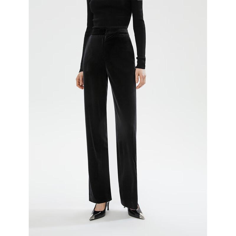 Langzi Black Velvet High-Waist Straight-Leg Pants