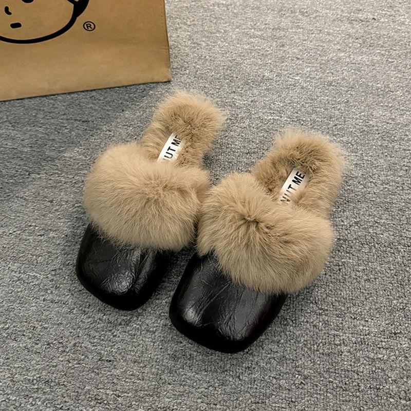 Women's Flat Slippers Autumn Winter Fashion Outdoor Warm Non Slip Plush Shoes Lightweight Comfortable Casual Half Slippers