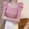 Summer Design Retro Square Neck Slim Knit Top Short Sleeved T-shirt for Women