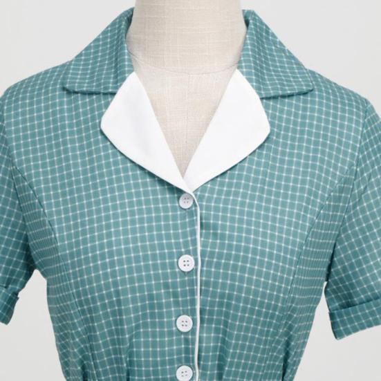 Women Evening Dress Retro Half Single-breasted A-line Big Swing Short Sleeve Turn-down Collar V Neck Plaid Print High Belted Tight