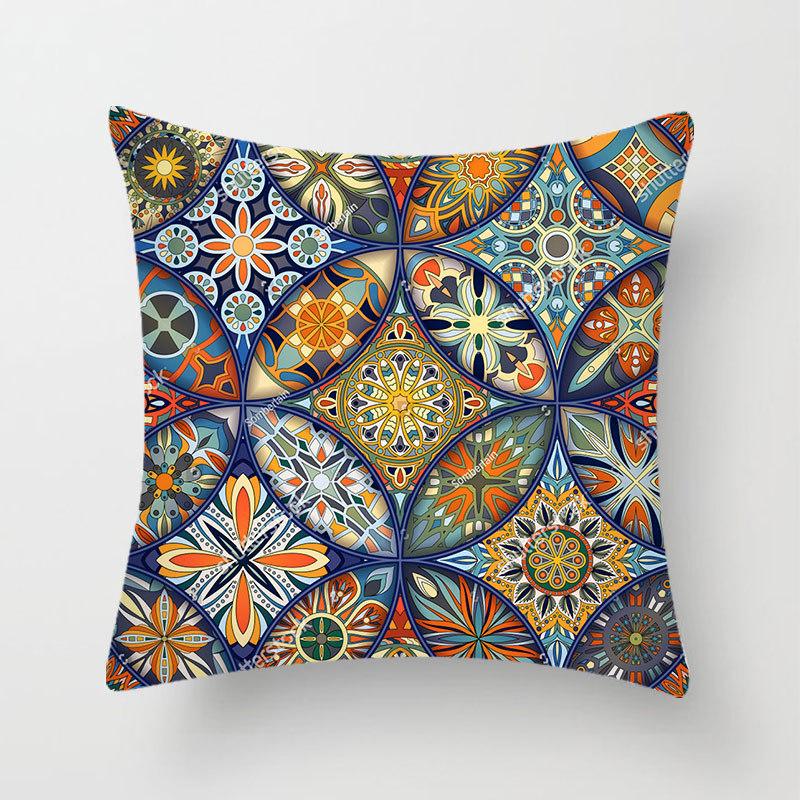 Household Stitching Colorful Mandala Printed Pillow Cover Bedroom Sofa Cushion Peach Leather Velvet Cushion Cover