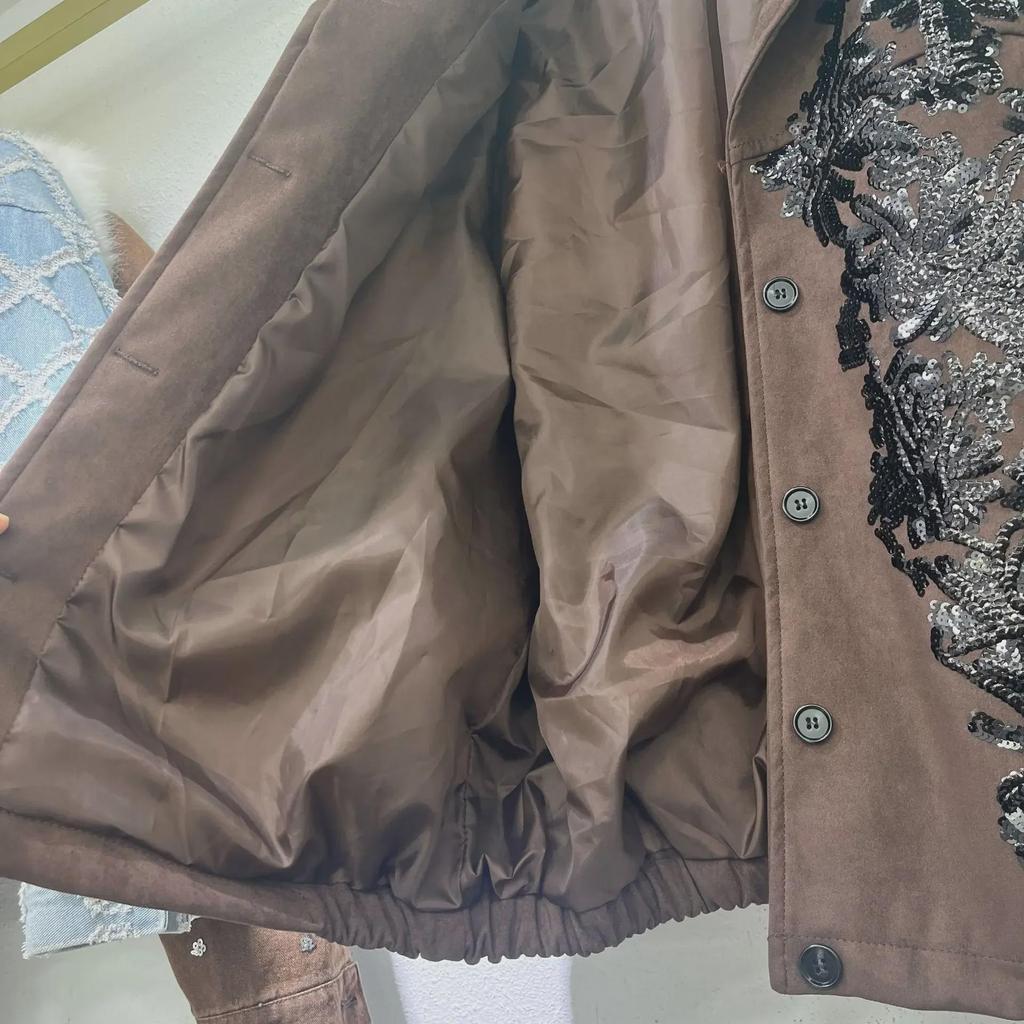 2024 Women's Brown Leather Jacket: Cool Style with Heavy Sequin Embroidery in Motorcycle Design