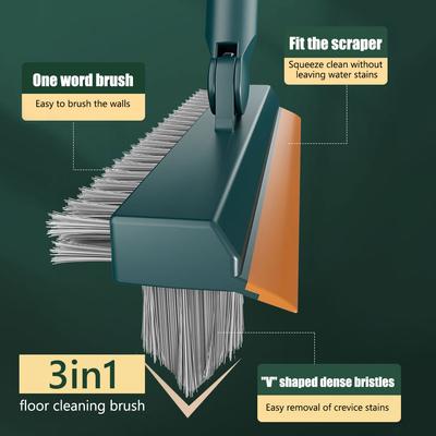 3 in 1 Bodenbürste mit langem Griff Fugenbürste Reinigung Toilettenspalt Silikonschaber 45° drehbare Bürste mit steifen Borsten 113cm