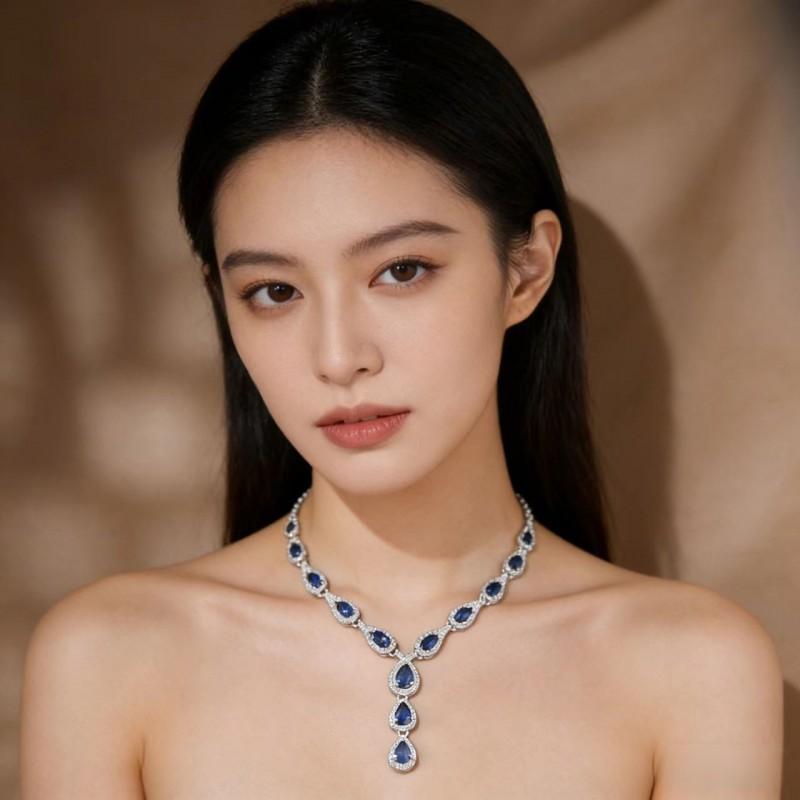 French Vintage Sapphire Y Necklace Water Drop Gradient Choker Banquet Women