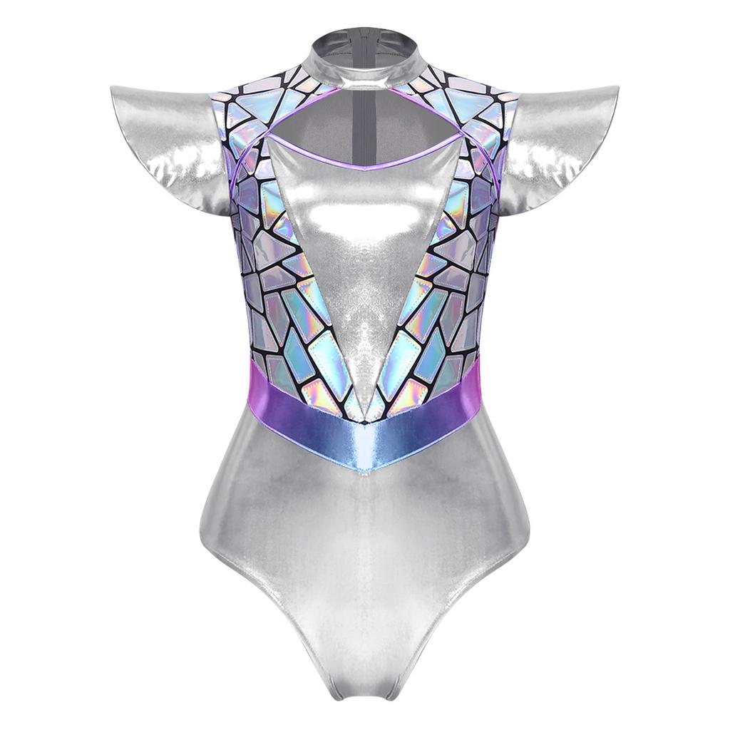 Costume da Aliena da Donna Metallico Lucido Gradiente Paillettes Taglio Frontale Manica a Velo Collo Alto Body