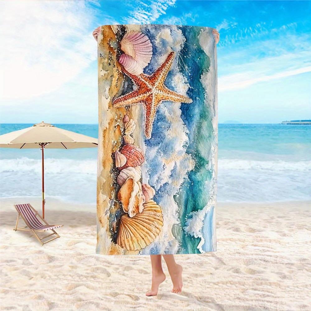 1pc Microfiber Beach Towel - Oversized Lightweight Quick-Dry Sand-Free Absorbent, Vibrant Starfish & Seashells Watercolor Design