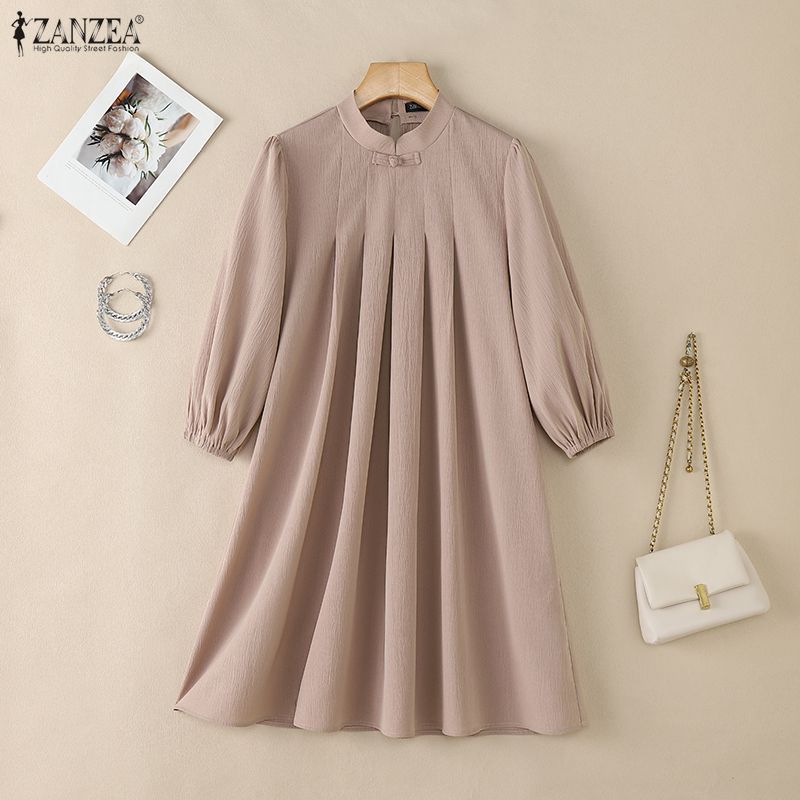 ZANZEA Rochie de vară casual pentru femei, cu guler drept, lejeră, în linie A, cu mânecă 3/4
