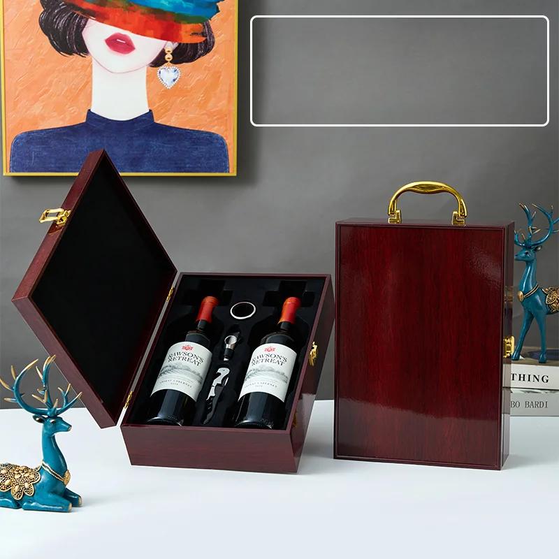 Single/Double Leather Box Wine Bottle Box Luxury Handle Wooden Organizer Gift Wood Wine Holder for 2 Red Wine Packaging