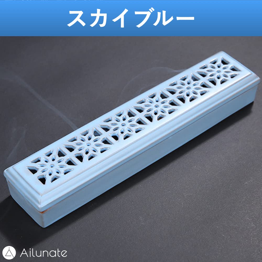 Ailunate Incense Holder, Horizontal Incense Stick Holder, Stylish Ceramic Incense Burner with Lid, Safe and Spill-Proof Ashes (Sky Blue)