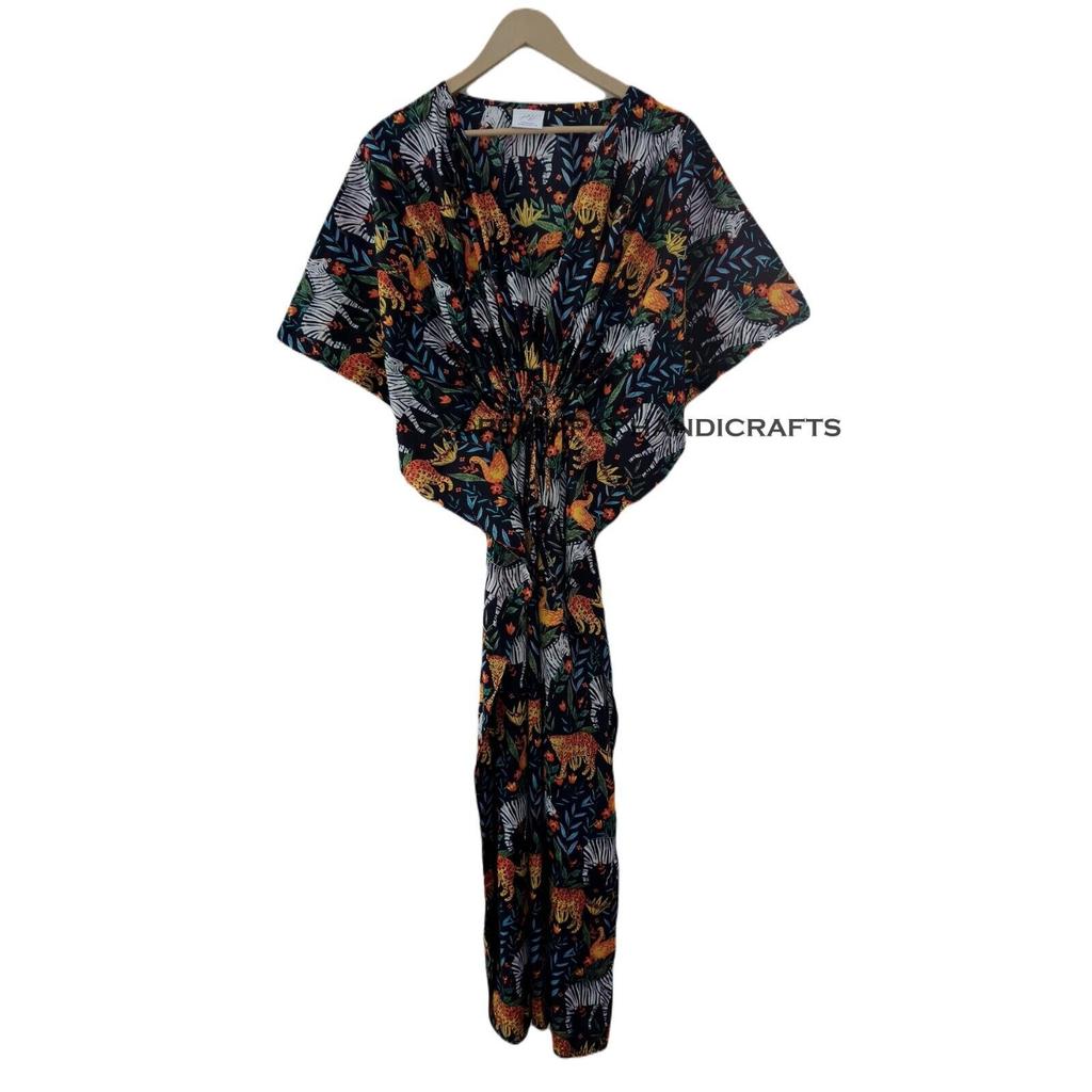 Women Cotton Black Summer Sleepwear Hippie Beach Cover Jungle Print Caftan Dress CKFTN-SCRN-FULL-BUYIT-180