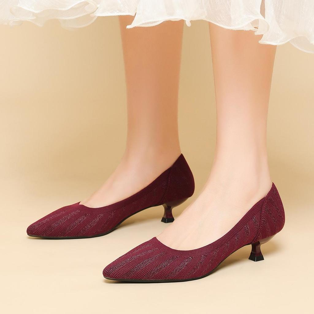 Pointed Toe Shallow Mouth Fabric Flat Bottom Women's Solid Knitted Soft Bottom Large Shoes Size 34-43