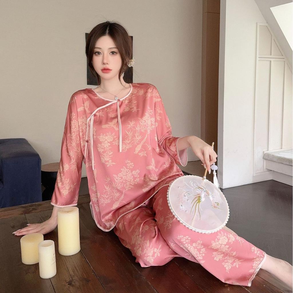1011 new summer ice silk pajamas women's Chinese style simulation silk suit can be worn outside mother's clothing thin