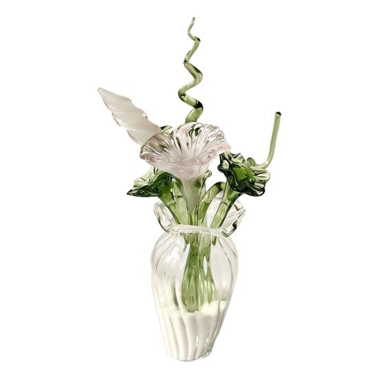 Mini Glass Flower Figurine Hand Blown Small Faux Crystal Carnation/Lily/Peony Flower Bouquet In Vase for Mother's Day Birthday Table Centerpiece