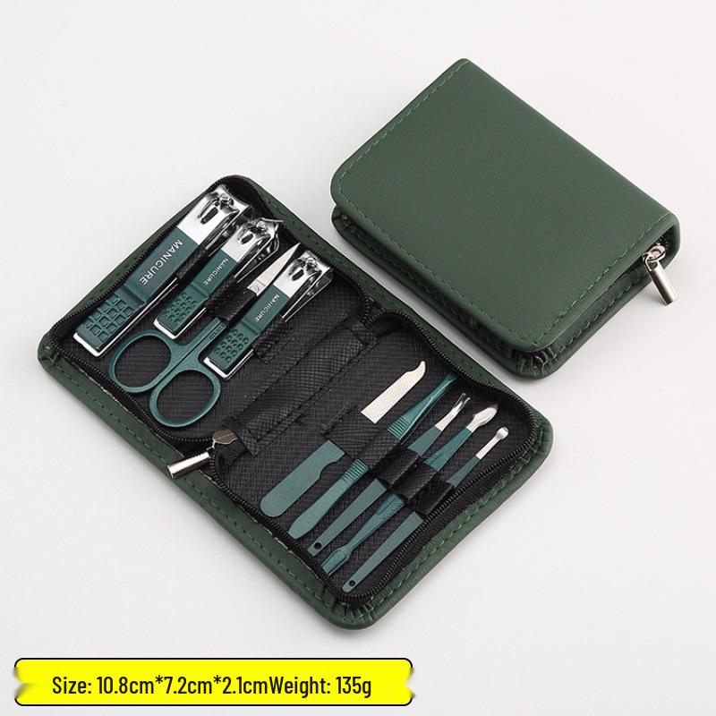 Dark Green Zipper Bag 6/9-Piece Beauty Set: Nail Clippers, Eyebrow Trimmer, Tweezers, Ear Spoon.